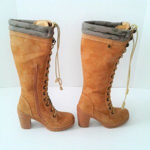 Women Knee High Lace Up tan Suede Platform boot 6